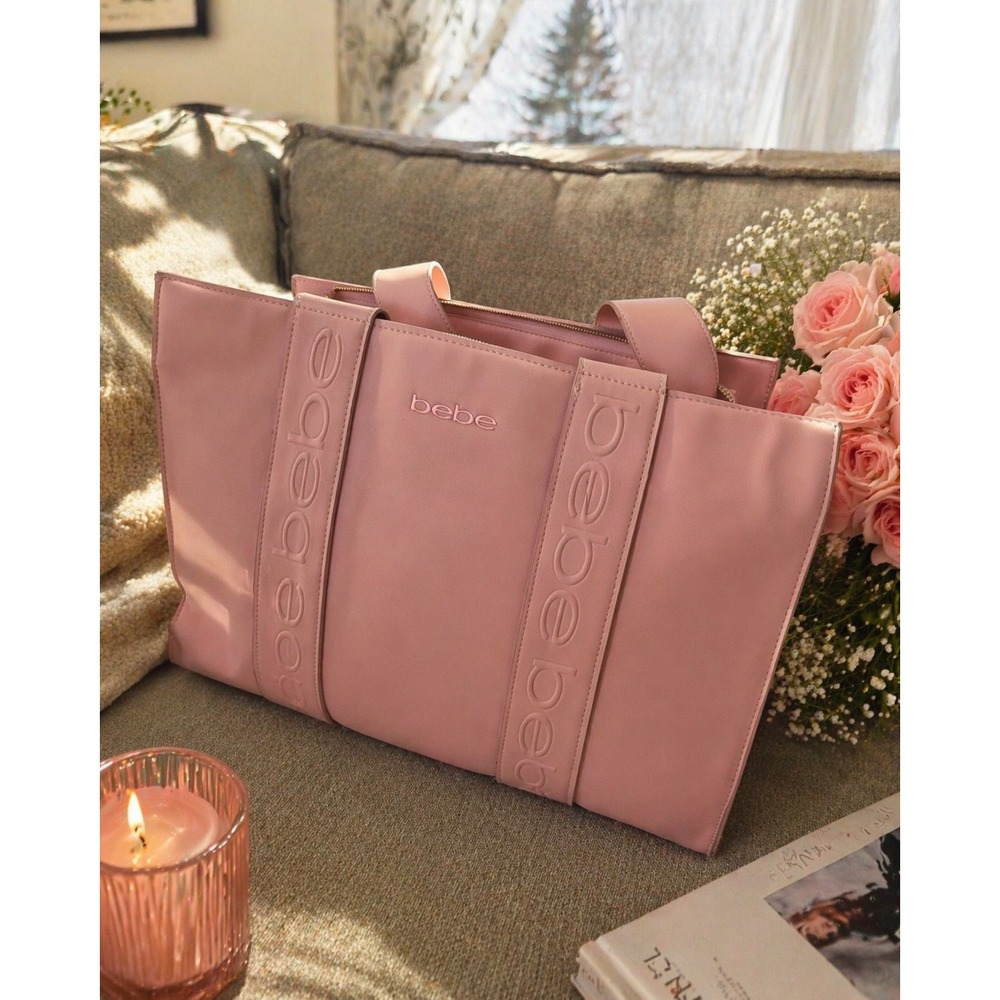 Bebe HANA Pink Vegan Leather Large Tote Bag Embossed Logo Zip Top Shoulder Bag